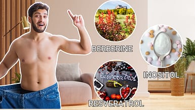 Man in big jeans with examples of Berberine, Inositol and Resveratrol